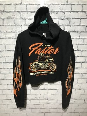 Independent, Women M, Black Biker Fleece Flame Cropped Long Sleeve Hoodie