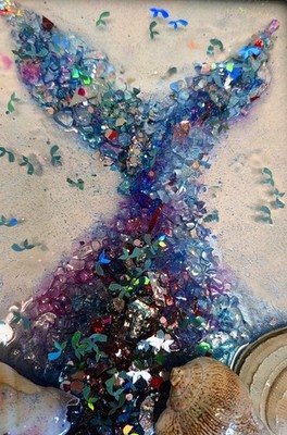 Mixed Media Framed 3D Abstract Mermaid Seashell Glitter Collage Wall Art
