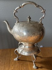 Antique Roberts & Belk Silverplate Tilting Teapot on Stand, Spirit Kettle,