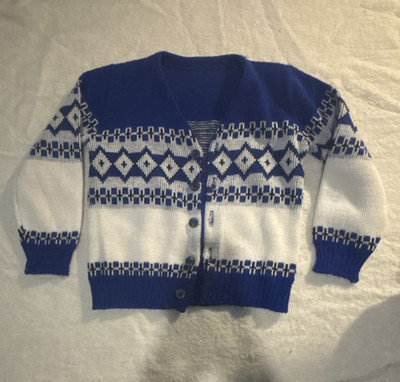 Vintage Boys 3T Blue White Geometric Knit Button-Front V-Neck Cardigan Sweater