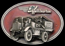 OA16132 **NOS** VINTAGE 1982 ***HALLIBURTON*** 1916 FWD PUMP TRUCK PEWTER BUCKLE