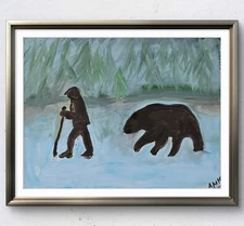 Bear Walks With Me ~ Original Acrylic  14X11 Canvas Winter Expressionism~ AM Mai