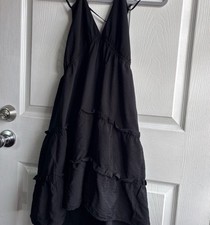 Wild Fable Black Solid V-Neck Ruffle Tiered Mini Dress Spaghetti Straps M