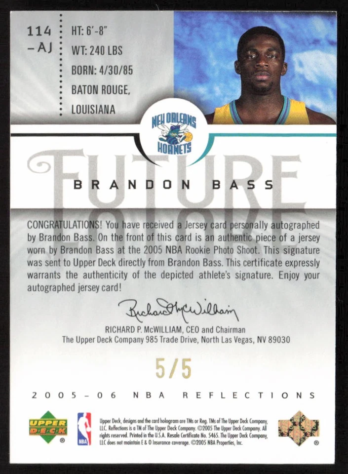 2005-06 Upper Deck Reflections Jersey Dourado Auto/5 Brandon Bass #114-AJ Hornets - Imagem 2 de 2