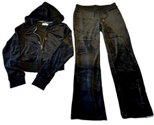 Juicy Couture Black Velour Tracksuit Libra Rhinestone Hoodie Pants Set M