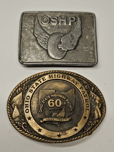 2 Vintage Ohio State Highway Patrol Police Belt Buckles 60th Anniversary & OSHP