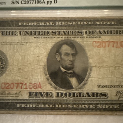 1914 $5 Federal Reserve Note Philadelphia Red Seal Large Note PMG 20 very fine - Picture 4 of 8