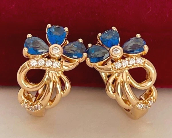 Luxus Ohrringe Creole Zirkon Kristall Blume Blau 750er Rolled Gold 18K vergoldet - Bild 2 von 4