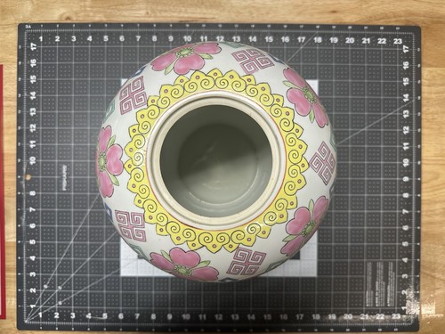 Jarrón chino de porcelana con inscripciones rosas rosas azul verde - Imagen 5 de 8
