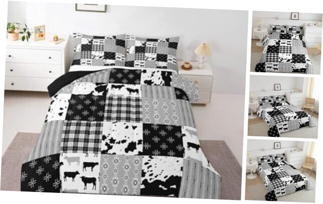 Cow Print Comforter Set for Kids Boys Girls Cartoon Milk Cow Queen Black White