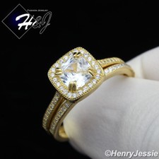 WOMEN 925 STERLING SILVER ICY CZ GOLD PLATED SQUARE ENGAGEMENT RING SET GR101