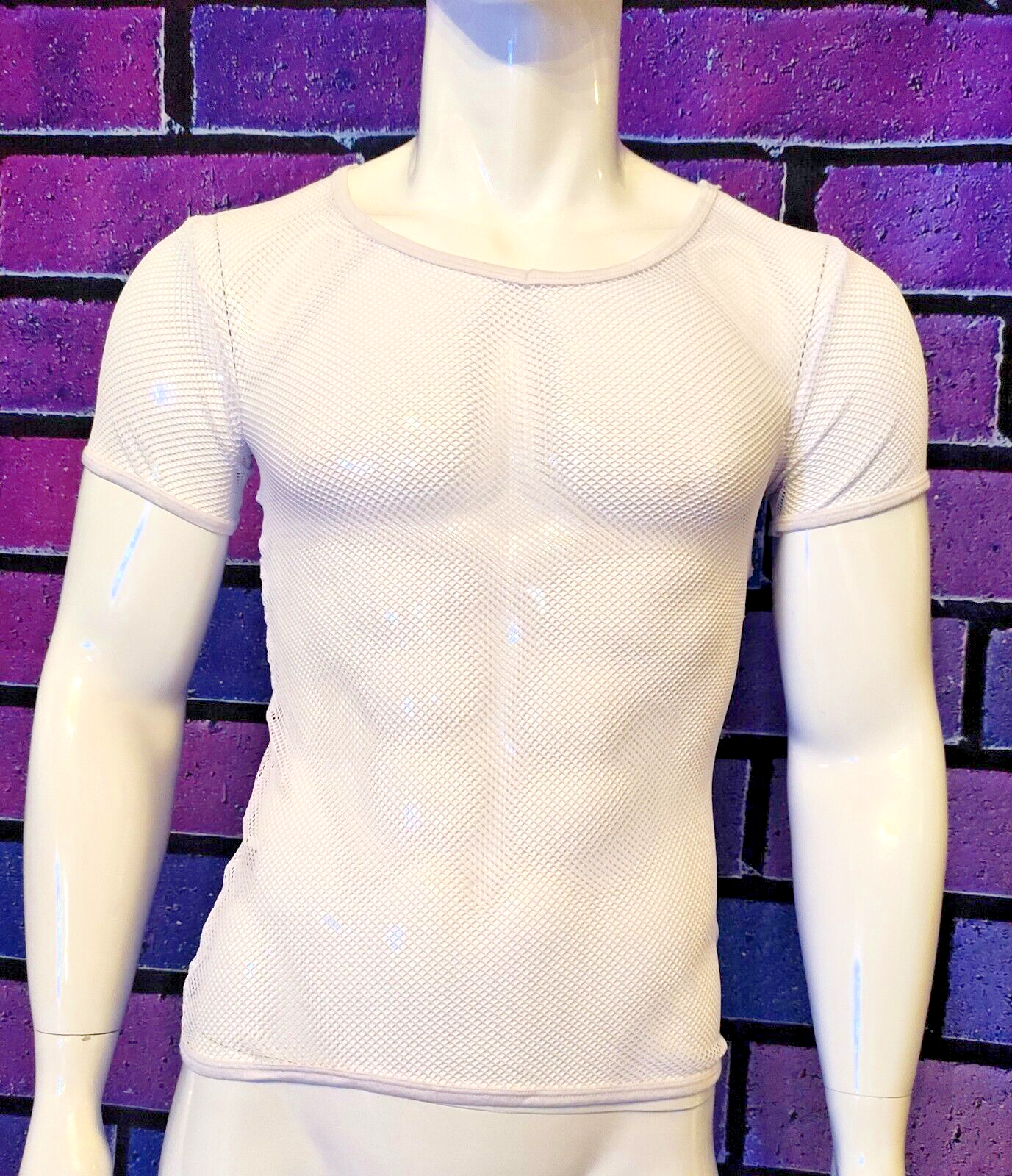 ALTRA NUOVO! Camicia a rete maniche corte uomo shirt top super soft stretch sexy collo a V white taglia 2