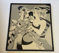 LARGE MID CENTURY MODERN PAINTING CUBIST CUBISM MASTERFUL VINTAGE MUSICIAN