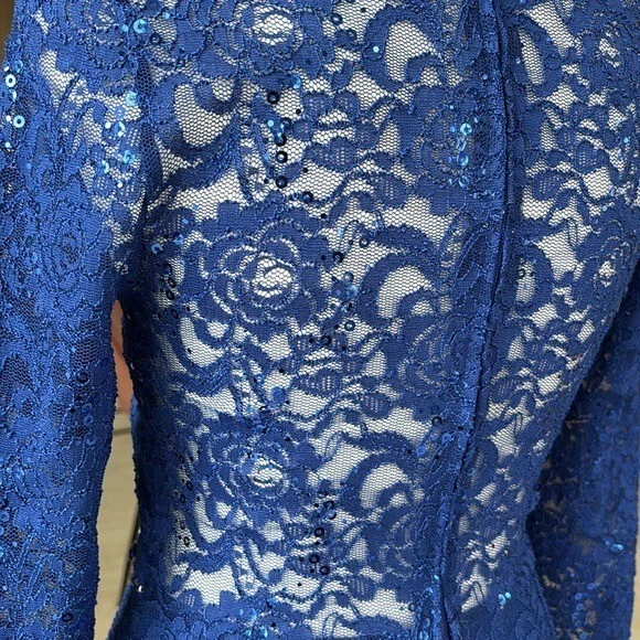 Vestido Trompeta Encaje La Scala Estilo 23550 Manga Larga Lentejuelas y Estrás Azul S Foto 3 de 4