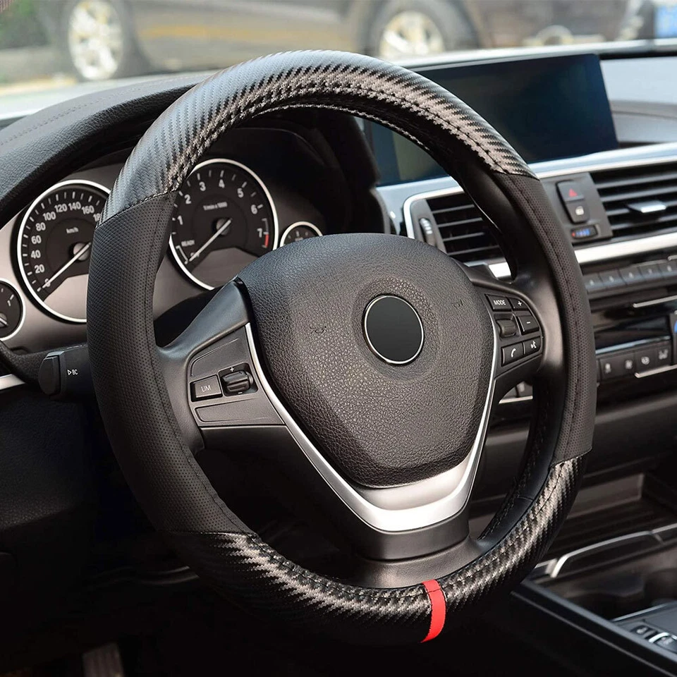 15" Black Carbon Fiber Leather Car Steering Wheel Cover Anti-slip Accessories — 第 2/4 张图片