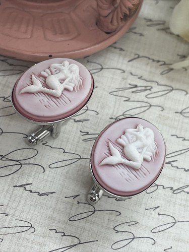 Mermaid Ocean Siren Beach Gothic Steampunk pink Silver Cameo Cufflinks Silver - Picture 2 of 9