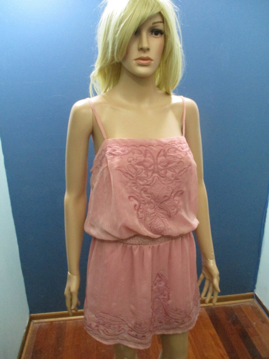 L pink lined spaghetti strap emroidered empire waist camisole mini dress  KARIS
