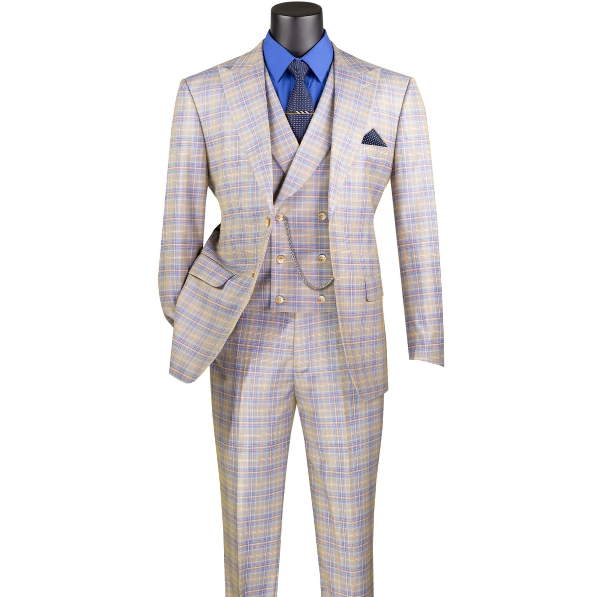 VINCI Men's Blue Glen Plaid 2-Button Classic-Fit Suit w/ Peak