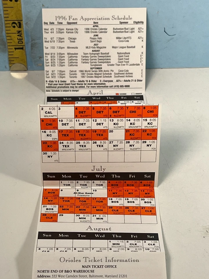 1996 Baltimore Orioles Major League Baseball Schedule Bobby Bonilla Cover - Image 2 of 4