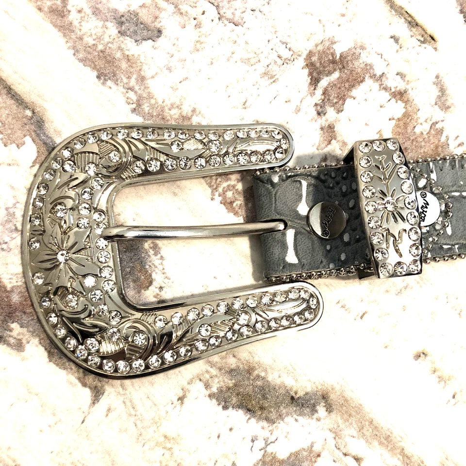 Womens Leather Belt Size L Cowgirl Crystal Studs Western Silver Blue 33~37" - Image 4 of 4