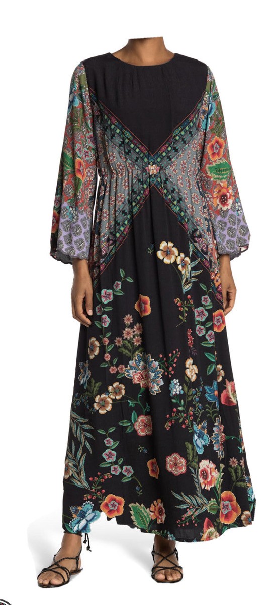 10周年記念 プレミアムシート NWT $345 JOHNNY WAS Black Floral Panel Freya Dress MAXI Long Slv