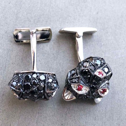 Lab-Created 4.1CT Black Onyx & 0.25CT Red Ruby Eyes Cougar Face Shaped Cufflinks - Picture 2 of 10