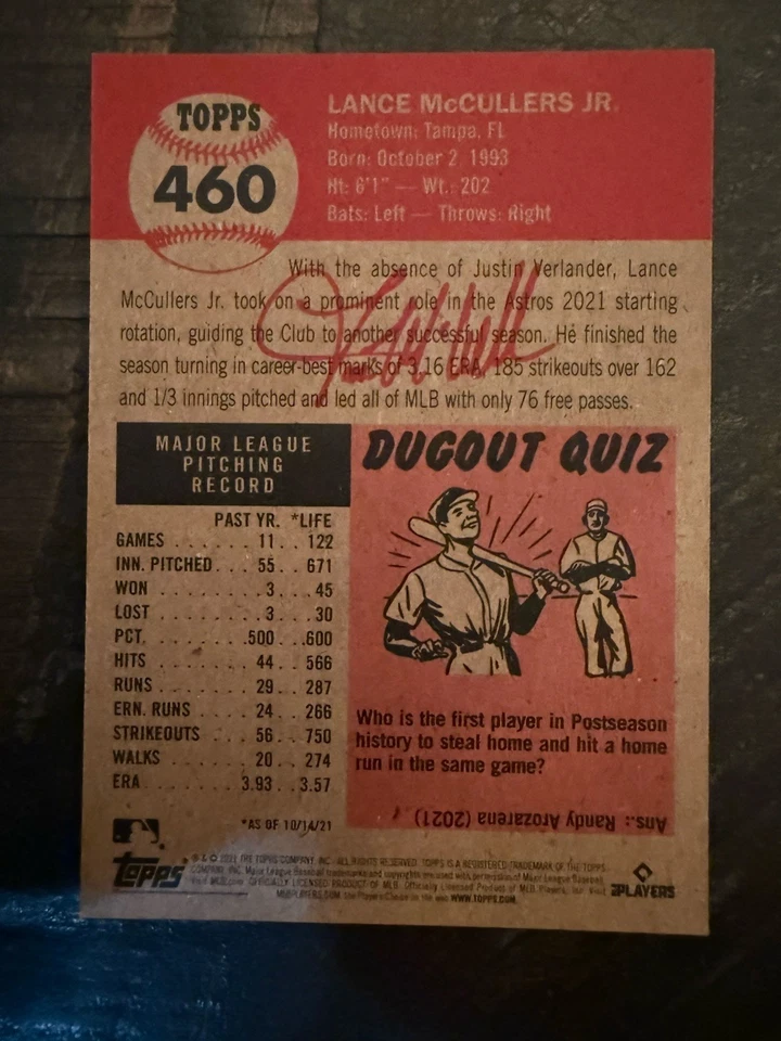 2021 Topps Living Set #460 Lance McCullers Jr. SIGNED IP - Image 2 of 2