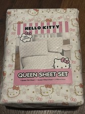 Hello Kitty Queen Sheet Set 100 Cotton 4 Piece Bedding Stars Hearts Bows