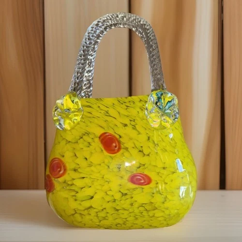 vintage Murano Art Glass millefiori handbag vase, Yellow New Old Stock