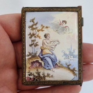 Antique 19thC French Enamel And Brass Aide Memoire Painted Figures Angels