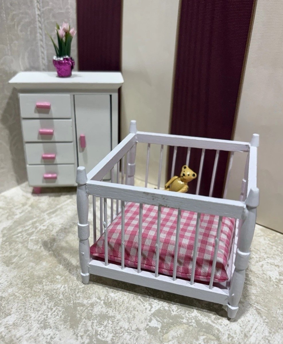Vintage Nursery Dollhouse Wood Furniture Playpen W Mattress & Dresser Pink  EUC | eBay