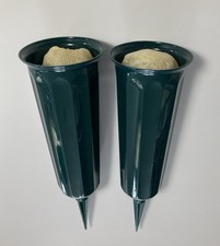 Cemetery Vase for memorial flowers. Package of two green with removable spikes