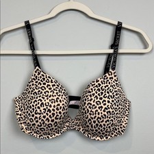 Victoria's Secret Leopard Print T-Shirt Lightly Lined Demi Bra Black Cream 34DD