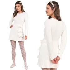 Lulus Darling Coziness Ivory Fuzzy Ribbed Knit Bow Sweater Mini Dress size L