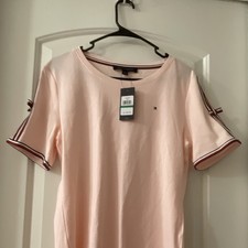 Tommy Hilfiger Pink Cotton T-Shirt Dress Bow Striped Trim Logo Short Sleeve L