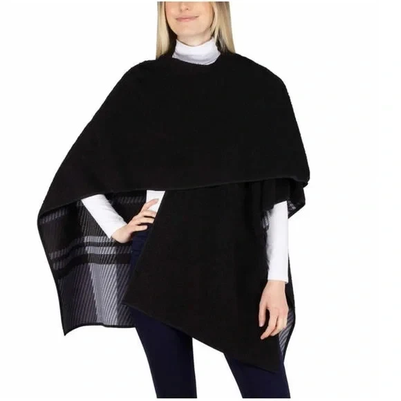 Nuevo sin etiquetas Poncho para mujer Ike Behar Sherpa Sherpa chal negro gris a cuadros reversible Foto 2 de 4