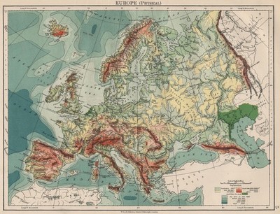 EUROPA PHYSISCH. Relief Meerestiefen Schlüsselberge Ebenen. JOHNSTON 1903 Karte
