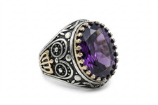 Oval Cut Natural Purple Amethyst Gemstone 925 Silver Ottoman Solitaire Mens Ring