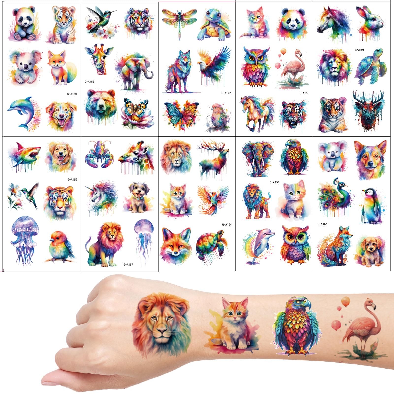 Animals Temporary Tattoos 10 Sheets Watercolour Animal for Girls Boys Body Arm