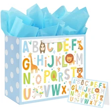 13" Large Baby Boy Gift Bag for Baby Shower Birthday with Tissue Paper and
