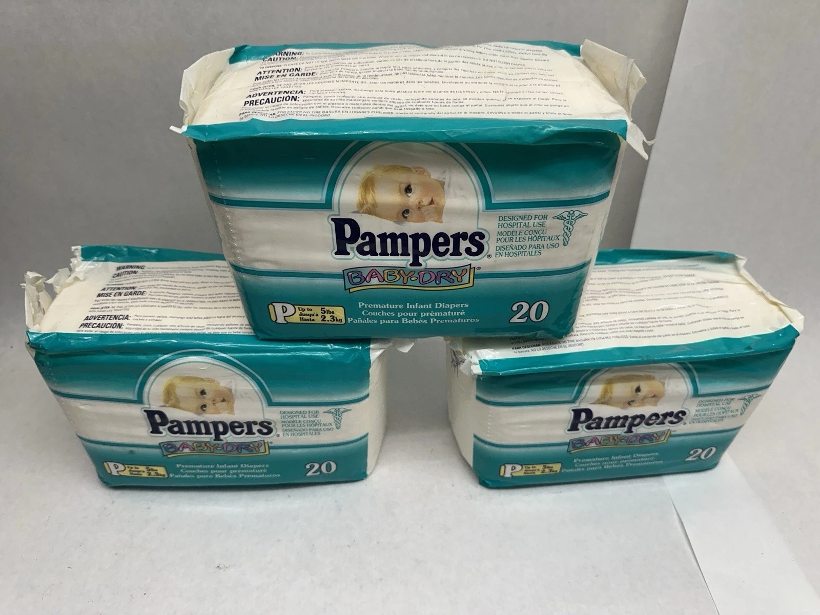 LOT OF 3 Pampers BABY-DRY Size PREEMIE Vintage Diapers 1997 PLASTIC BACK Ct 20