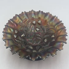 Northwood Carnival Glass Amethyst Strawberry Bowl with Basket Weave Back