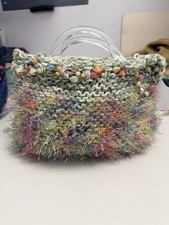 Vintage OOAK Handcrafted Crochet Purse Beads Fringe Clear Acrylic Handles