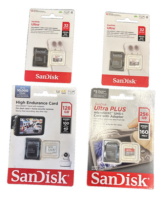 SanDisk 256GB Ultra Plus, 128GB High Indurance - 32GB Ultra w/ Adapters Lot of 4