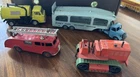 4 Vintage Playworn Dinky's -Fire Engine, Road sweeper, Tractor, Transporter