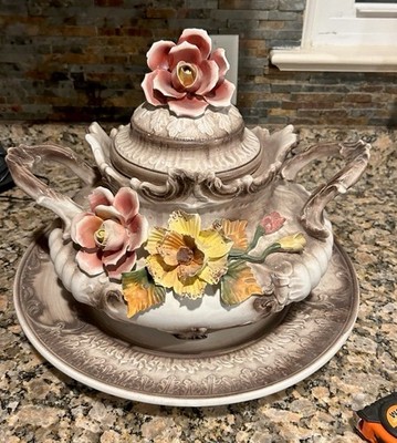 Vintage Capodimonte Floral Soup Tureen Plate Flowers Kitsch Retro