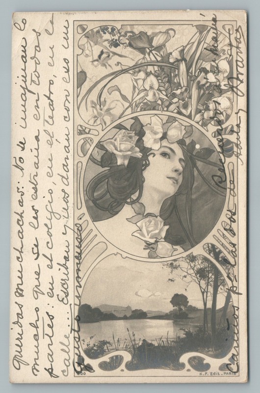 Art Nouveau Woman “RPPC” Antique URUGUAY to PARIS Design Art Postcard Woman 1906