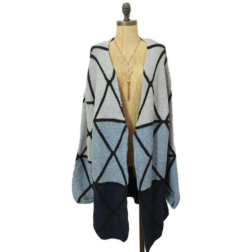 Joseph A Open Long Cardigan Sweater Top XS Ombre Grid Blue New Tag $88 B82 - Picture 3 of 6