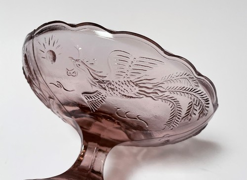 VINTAGE PRESSED GLASS CHINESE DRAGON PHEONIX COMPOTE BOWL PINK DEPRESSION - Picture 10 of 12