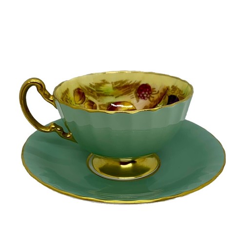 AYNSLEY Cup Saucer Sage Green ORCHARD FRUIT England Teacup Signed D JONES - Picture 3 of 12
